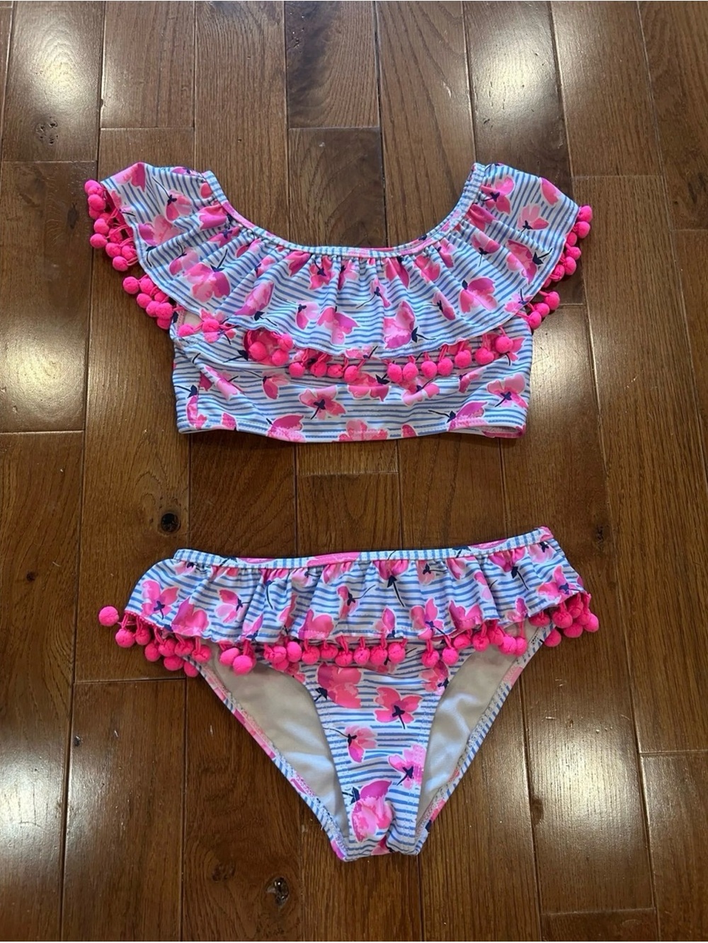 Nicole Miller New York Girls Floral Pom Pom Striped Bikini with Pink Accents 7/8